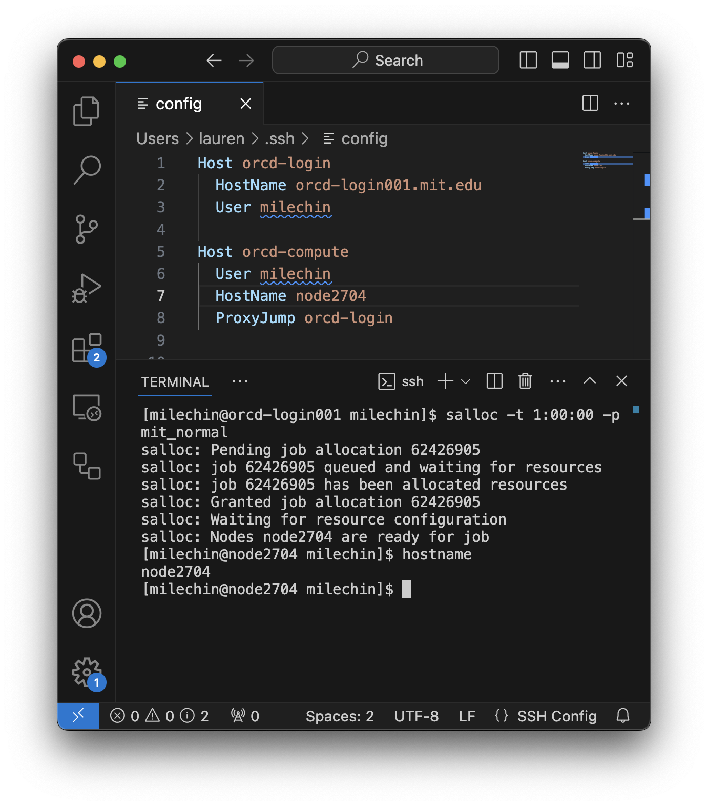 Update VSCode SSH config file with node name of interactive job on Engaging